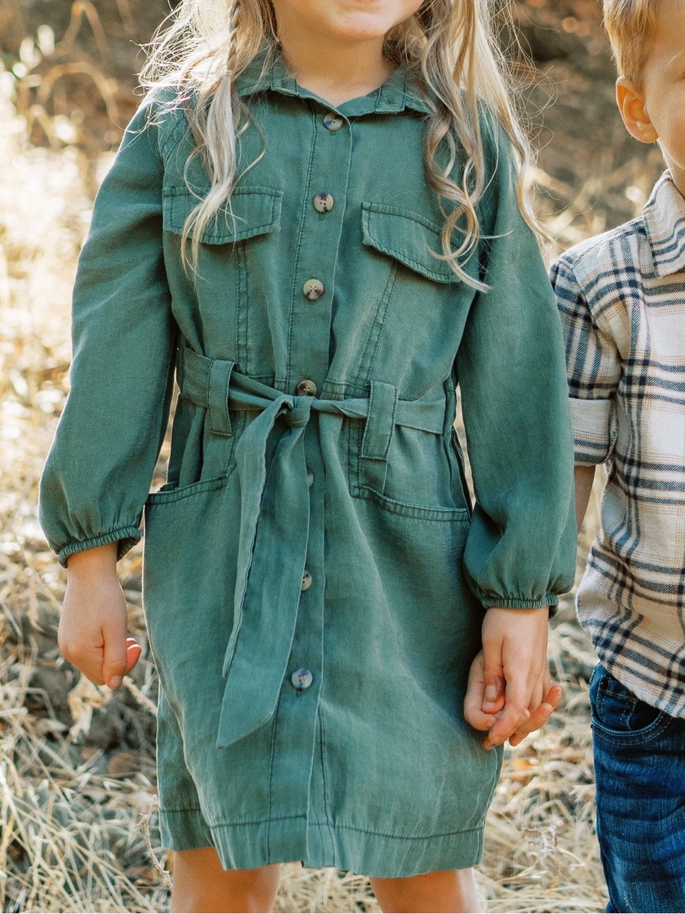 Zara Little Girls Button front, tie waist, sleeved dress, olive army green, 6